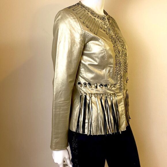 Leather Jacket Vintage 1980's Gold with Fringe Boho Carlos Fiori Size XS - Picture 3 of 11